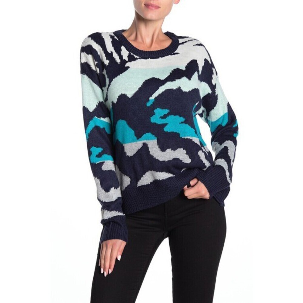John & Jenn Abstract Crew Neck Pullover Sweater In Blue Multi Size S